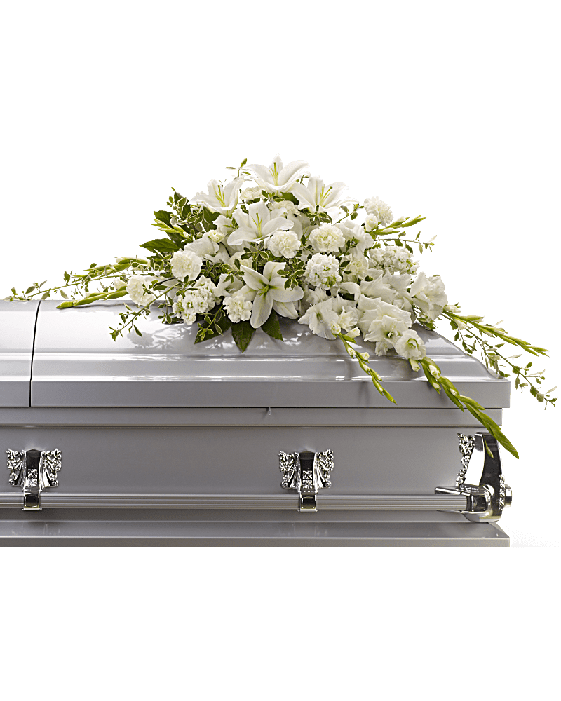Bountiful Memories Casket Spray Bountiful Memories Casket Spray - Matching luminous all white flowers and delicate garden greenery is an elegantly simple way to lend serenity and quiet strength to the bereaved during a time of great reflection, and pay tribute to the deceased with affection and grace. Flowers such as pure white oriental lilies, gladioli, carnations and stock blend with fragrant greens to create a beautiful crescent-shaped half-casket spray.