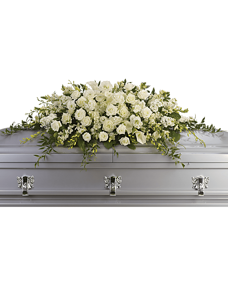 Purity and Peace Casket Spray Purity and Peace Casket Spray - The peaceful purity of this all white casket spray is a touching, inspiring way to honor the departed. Large in scale, the lush arrangement is ideal for a full couch or closed casket service, featuring elegant white blooms such as calla lilies, dendrobium orchids and hydrangea. White roses, orchids, large calla lilies and perfect stems of hydrangea. Approximately 47" W x 17" H.