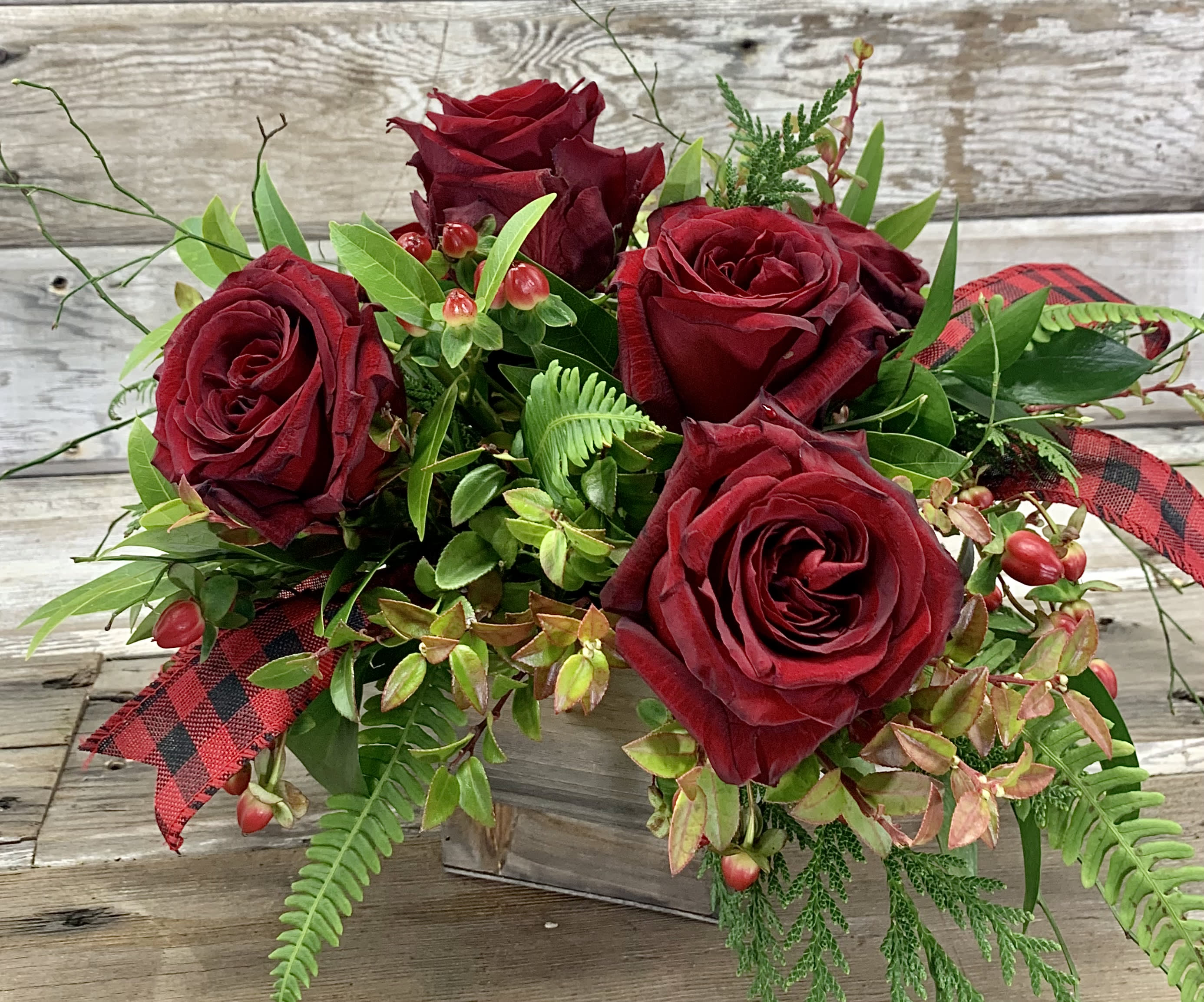 The Gritty City Pretty - Do you have the yen to send a warm, cozy cabin in the forest feeling?  We’ve got you covered there, too!  Inspired by my love for everything Grunge music, flannel, &amp; the PNW, the Gritty City Pretty is gender neutral &amp; filled with lush, deep red roses &amp; PNW botanicals &amp; greenery &amp; a wee touch of red &amp; black buffalo check ribbon, carefully curated in a woodland cube.