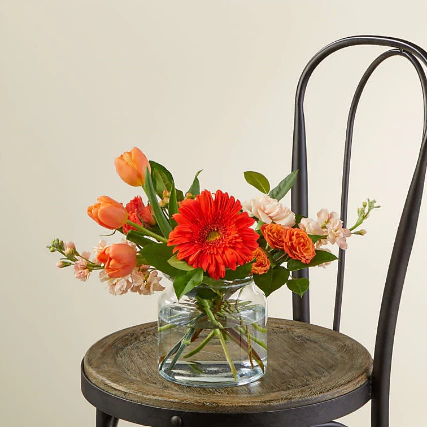 Just Peachy Bouquet Just Peachy Bouquet - Take a stroll through the colorful orchards with the Just Peachy Bouquet. Designed with a gorgeous mix of flowers, this bouquet features peachy stems like stock, tulips, roses, gerbera daisies and more. It's fun, fresh and the perfect gift to send to your favorite people.