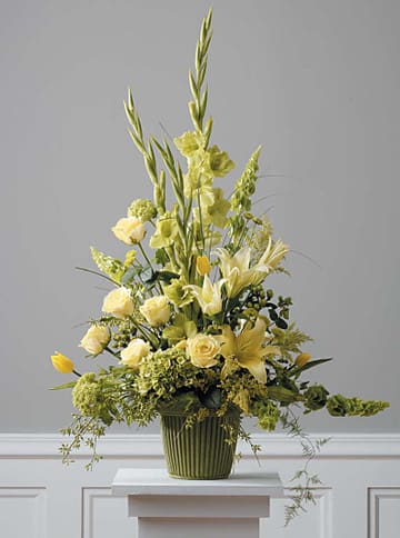 Mache Arrangement - Roses, gladiola, bells of ireland lilies, hydrangea, hypericum, solidago vibernum, tulips and button poms.