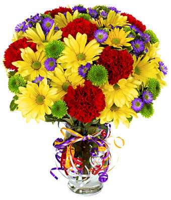 Best Wishes Bouquet - Red carnations, yellow daisies, purple Monte Casino blooms and green button poms in a clear fluted vase with a colorful curly ribbon. Put it all together and you're sure to make someone's wishes come true! Small Measures 13&quot;H by 10&quot;L. Medium Measures 14&quot;H by 11&quot;L. Large Measures 15&quot;H by 12&quot;L.