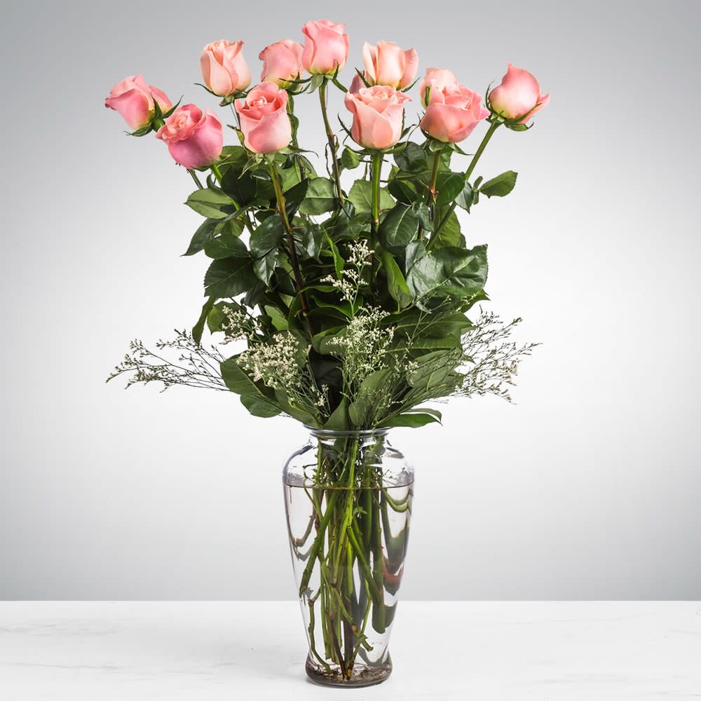 Dozen Long Stemmed Pink Roses by BloomNation™ - These pink roses are cheerful and fun! Dozen Long Stemmed Pink Roses by BloomNation™ is the perfect gift to show your love and appreciation.  APPROXIMATE DIMENSIONS: 25&quot; H X 18&quot; W  