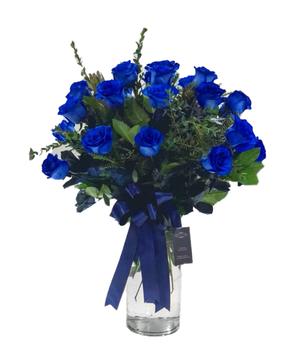 blue enchanted roses in tall vase  - 24 blue roses with fresh greens in a tall classic vase design 