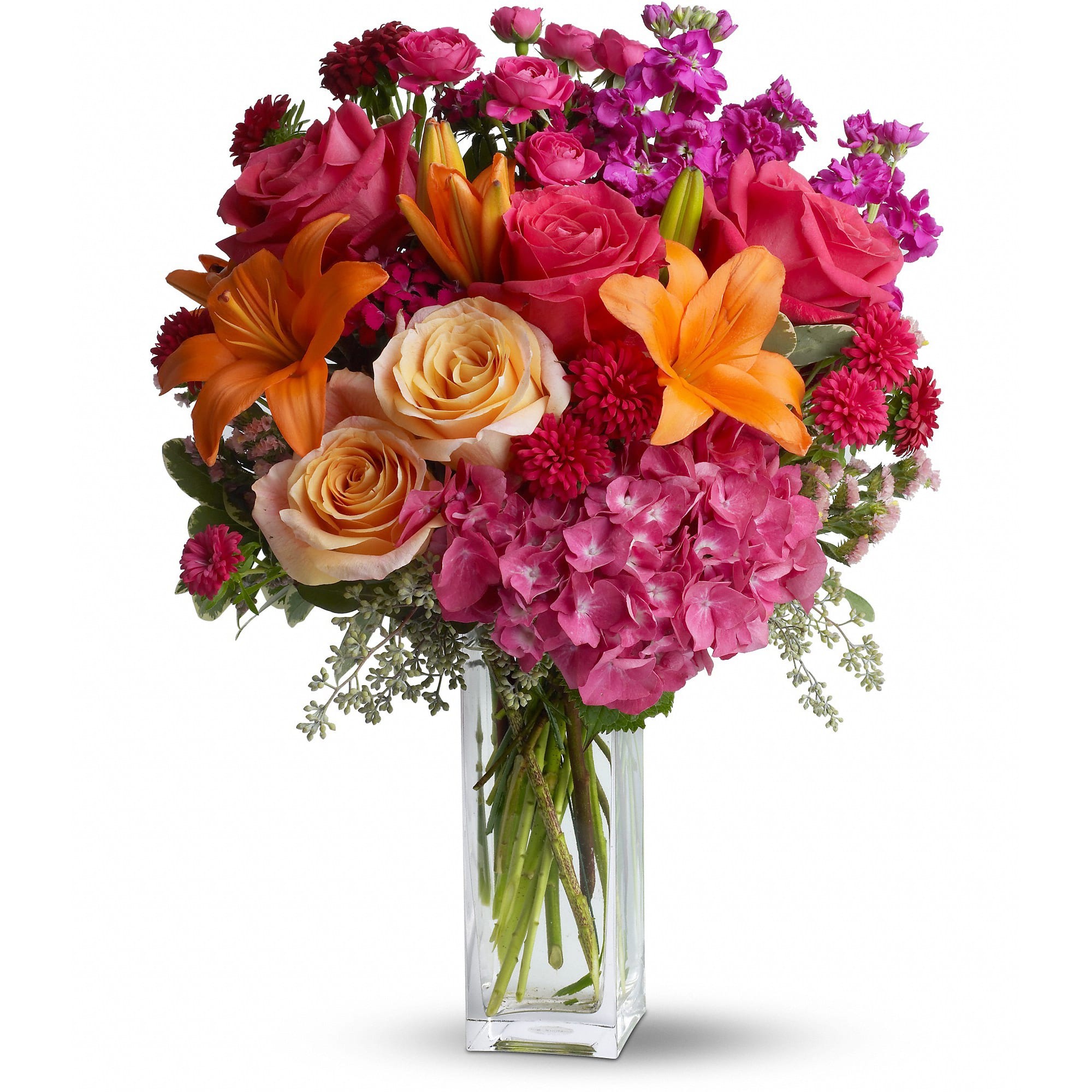 Teleflora's Joy Forever - Wow! That's what they'll say when this explosion of color arrives at the front door. They'll love the flowers, the clear glass vase - and you for having such exciting taste. A win-win for everybody!  The vibrant bouquet includes pink hydrangea, peach and hot pink roses, orange Asiatic lilies, purple stock, hot pink Matsumoto asters, peach statice, magenta Sweet William and hot pink spray roses accented with fresh greenery.  The flowers are delivered in a contemporary clear glass bunch vase.  Bouquet is approximately 15 1/2” W x 21” H  Orientation: All-Around      As Shown : TFWEB643  
