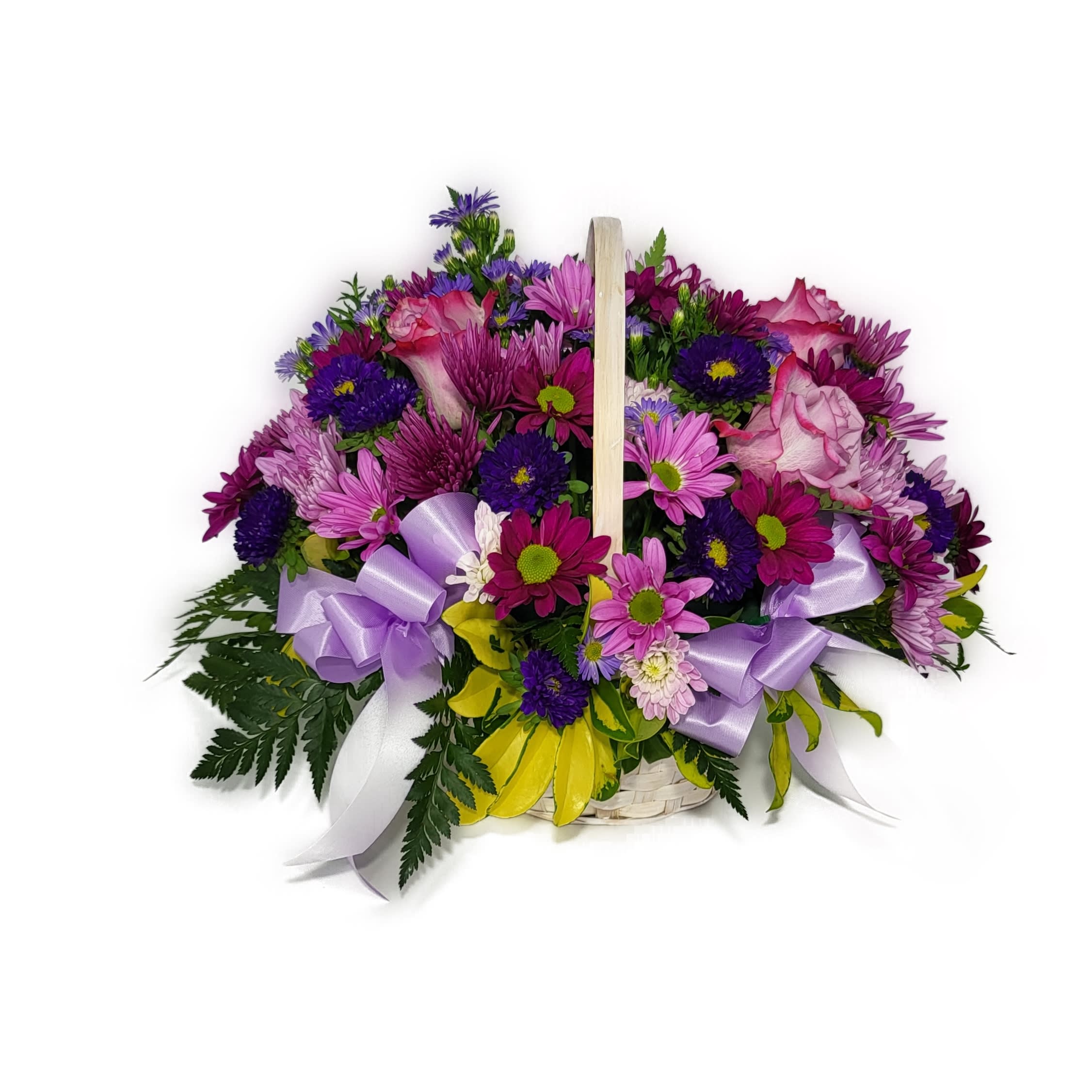 Daisy Dreams - This delightful array of floral favorites in a charming white bamboo basket accented with lavender ribbon. Surprise someone who could use a lift. It will make you both happy. With lavender daisy's,  purple matsumotos, lavender cushions and purple monte accented with fresh greenery. The flowers are delivered in a white bamboo basket accented with a lavender gingham ribbon. Approximately 12 1/2&quot; W x 10 1/2&quot; H