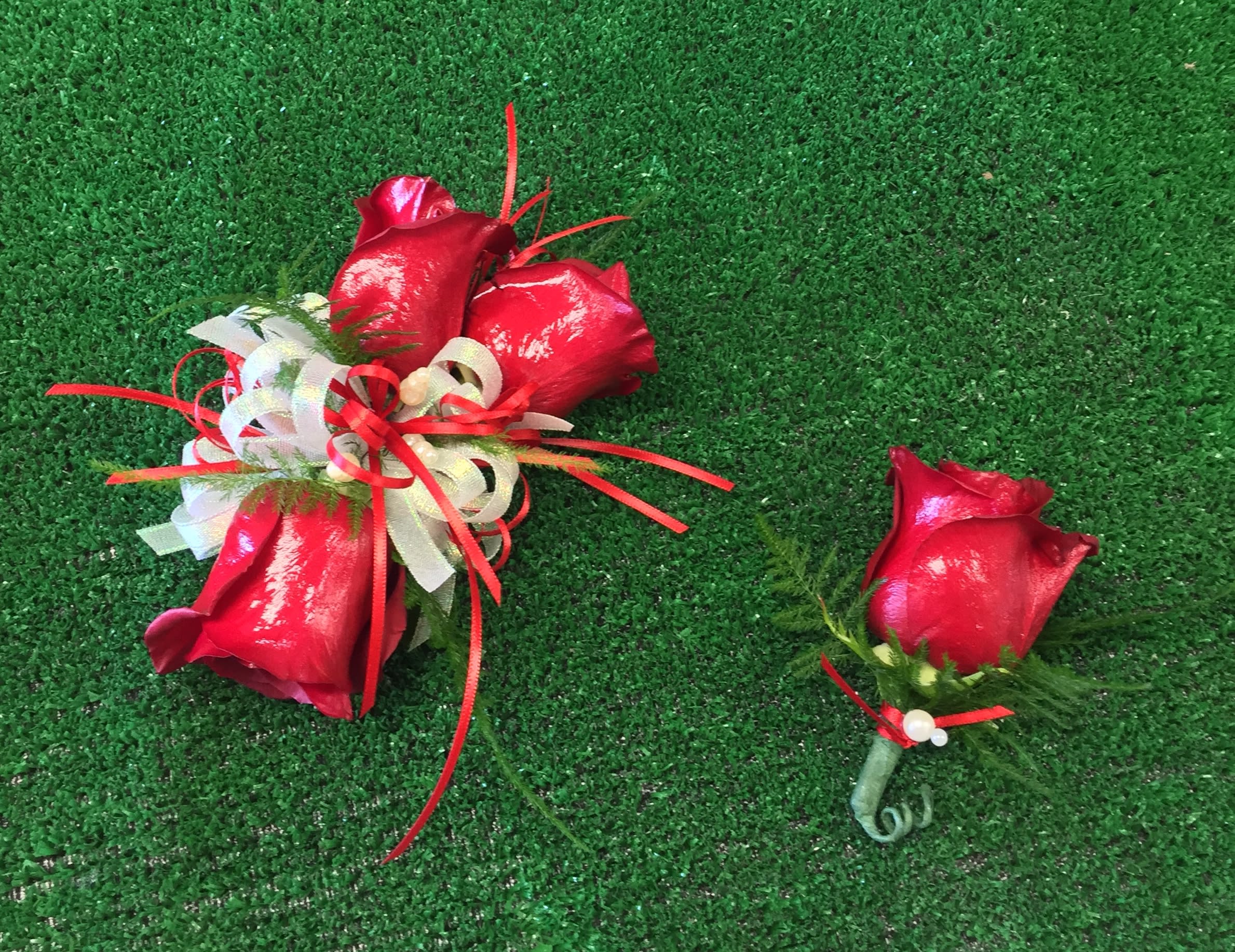 Wrist Corsage + Boutonniere 2 - Wrist corsage and boutonniere with red roses and accents. CUSTOMER CAN CHOOSE ANY COLOR. 