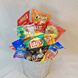 JUNK FOOD BASKET - Send a bucket of sweet and salty snacks...including candy bars, chips, pretzels, popcorn, cookies and more. Available in different price ranges. 