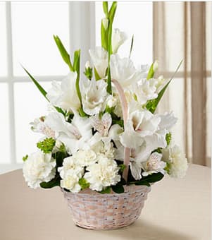 The FTD® Eternal Affection™ Arrangement - The FTD® Eternal Affection™ Arrangement is a peaceful offering of heartfelt sympathy. White gladiolus, Peruvian lilies, carnations, mini carnations and lush greens are beautifully arranged in a round whitewash handled basket to create a beautiful display of soft serenity. GOOD basket includes 13 stems. Approximately 15&quot;H x 12&quot;W. BETTER bouquet includes 17 stems. Approximately 18&quot;H x 14&quot;W. BEST bouquet includes 21 stems. Approximately 20&quot;H x 15&quot;W. Your purchase includes a complimentary personalized gift message.