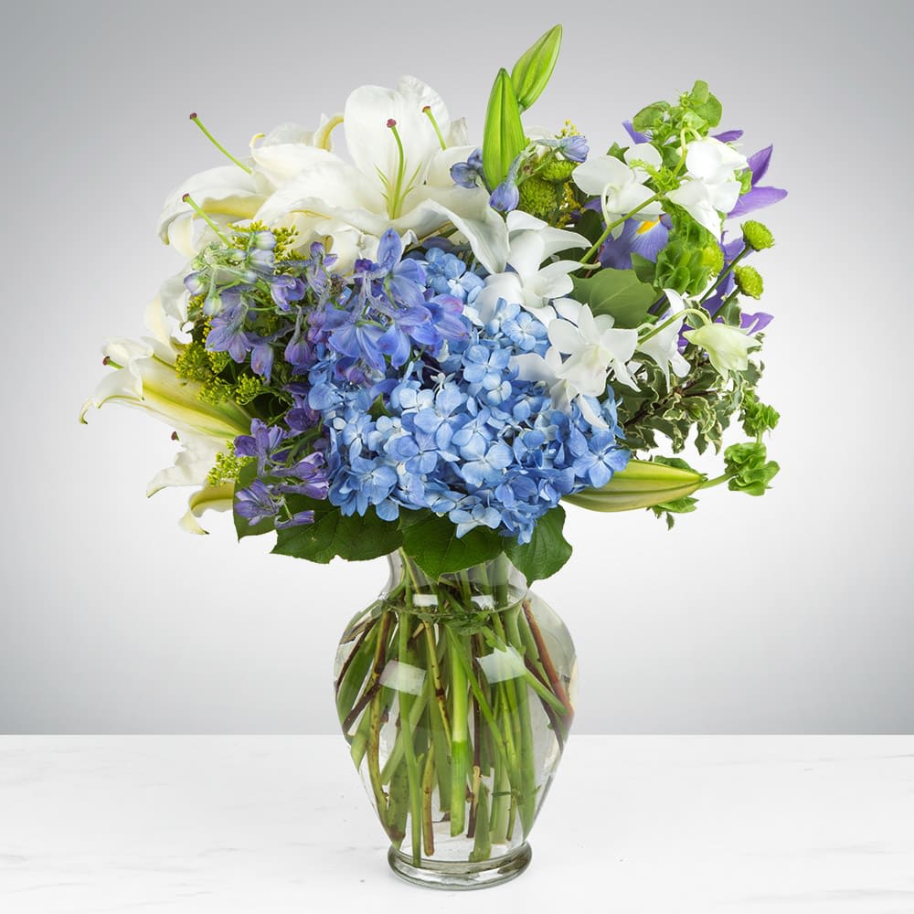 Breezy by the Sea by BloomNation™ - This arrangement contains delphinium, bells of ireland, asiatic lilies, hydrangea, blue iris, mokara orchids, and other seasonal blooms. It is a great gift for a birthday, get well, for wishing someone a fresh start. APPROXIMATE DIMENSIONS: 15&quot; D x 18&quot; H