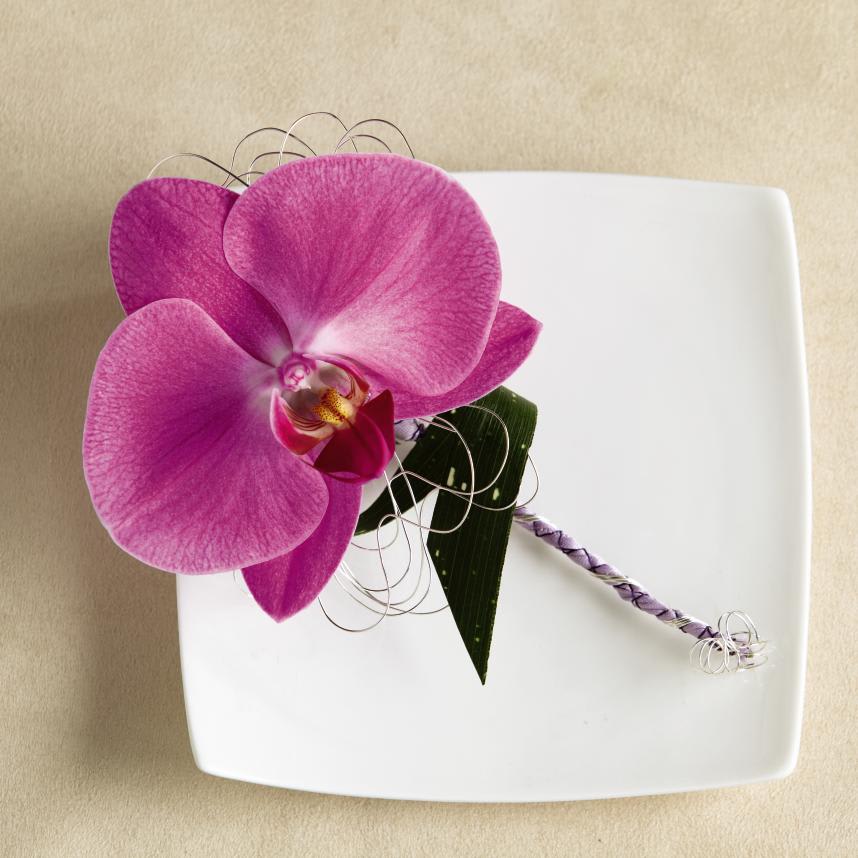 FTD Glorious Boutonniere - The FTDÂ® Gloriousâ¢ Boutonniere is an elegant way to bring a soft  sophistication to youâre the overall look to the men in your wedding  party. A single fuchsia phalaenopsis orchid bloom is accented with fresh  greens, lavender French taffeta ribbon and silver and purple wire to  create a noticeably dramatic look of elegance and distinctive grace.   Approx. 7âH x 4âW.  
