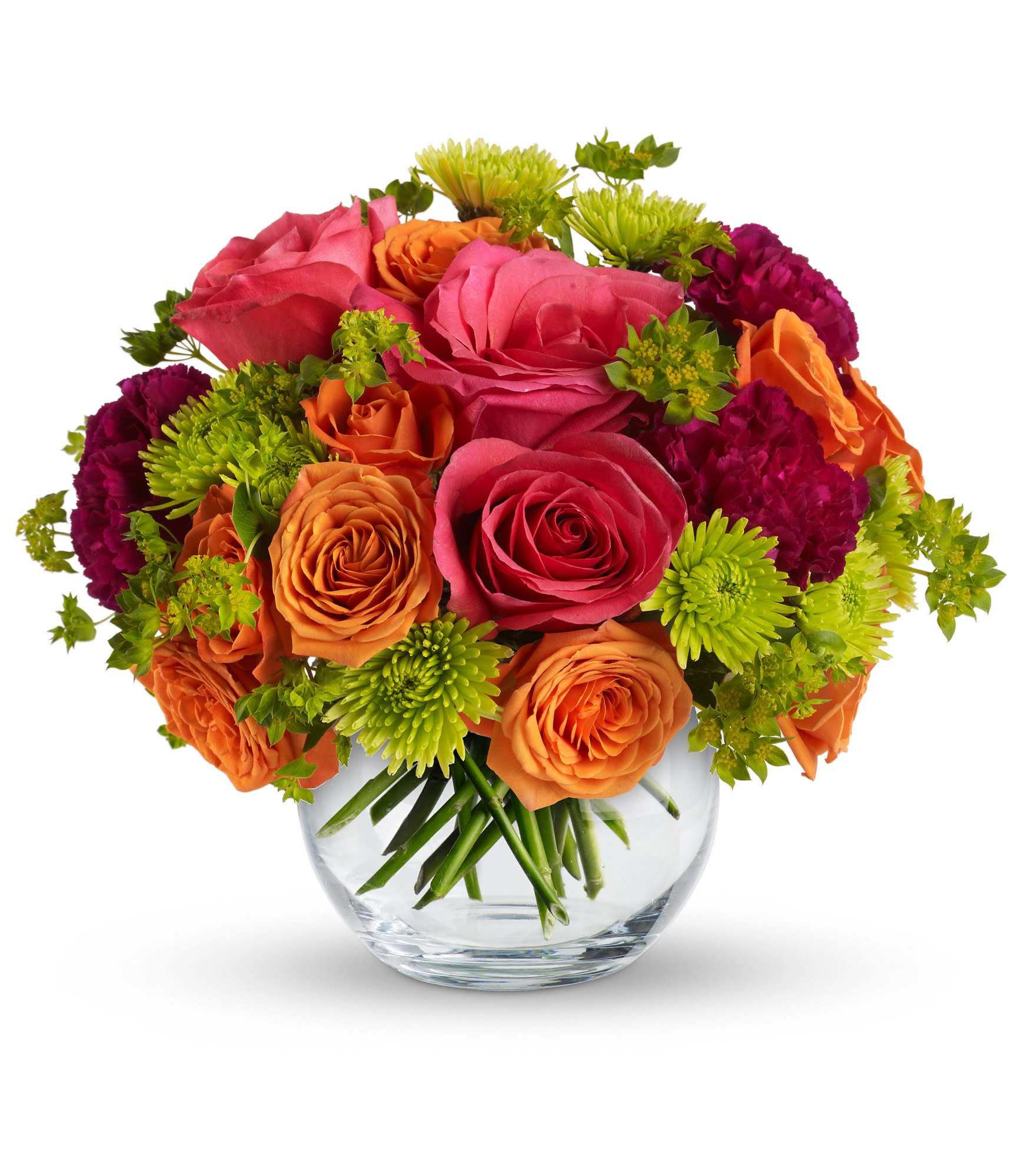 Teleflora's Smile for Me - Rekindle warm feelings with this sweet but sizzling array of hot pink roses, orange spray roses, purple carnations and more in a sparkling glass bubble bowl. A gorgeous gift of love for an anniversary or any romantic occasion. Expect kisses. 