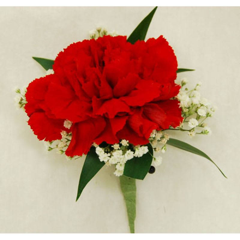 Red Carnation Boutonniere - A single red carnation boutonniere with greens and baby's breath 