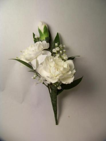 Mini Carnation Boutonniere - White mini carnation boutonniere with baby's breath.  Check availability for other colors.