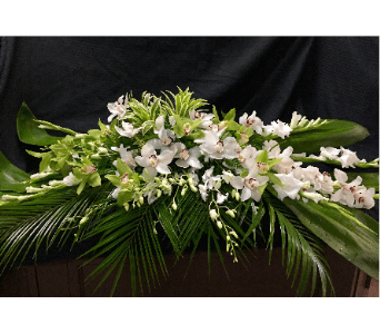 With Deepest Sympathy - Green and white orchids with a mixed tropical leaves &amp; foliage  let us help you customize your loved ones celebration of life   As Shown : Sympathy-1