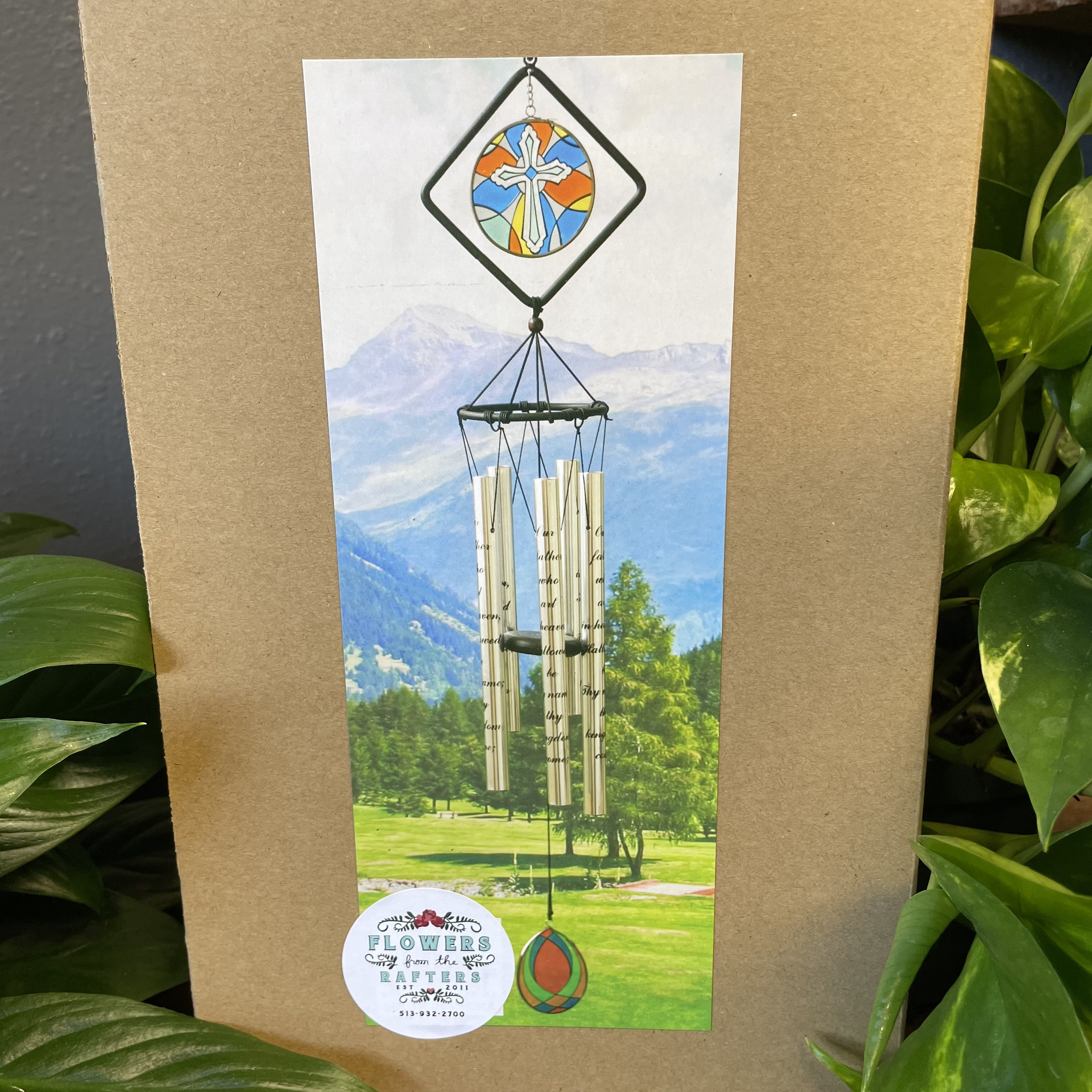Wind Chimes - The Lords Prayer - Double stained glass wind chimes with words of sympathy on the metal tubes. 36&quot; long. Chimes can be displayed on a heavy duty 48&quot; metal chime stand. Upgrade to deluxe for chime stand display.