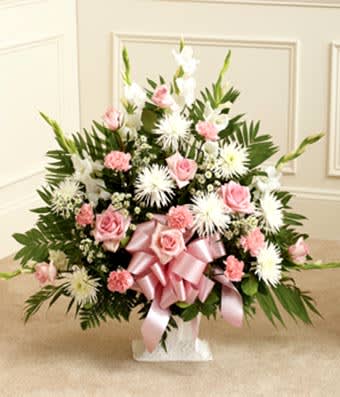 Pink and White Tribute - White Gladiolus, Fuji Poms, Pink Roses and Carnations with a Large Pink Bow