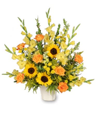 Golden Memories Golden Memories - Celebrate those you've lost by remembering their love and smile with this arrangement of bright sunflowers and roses.