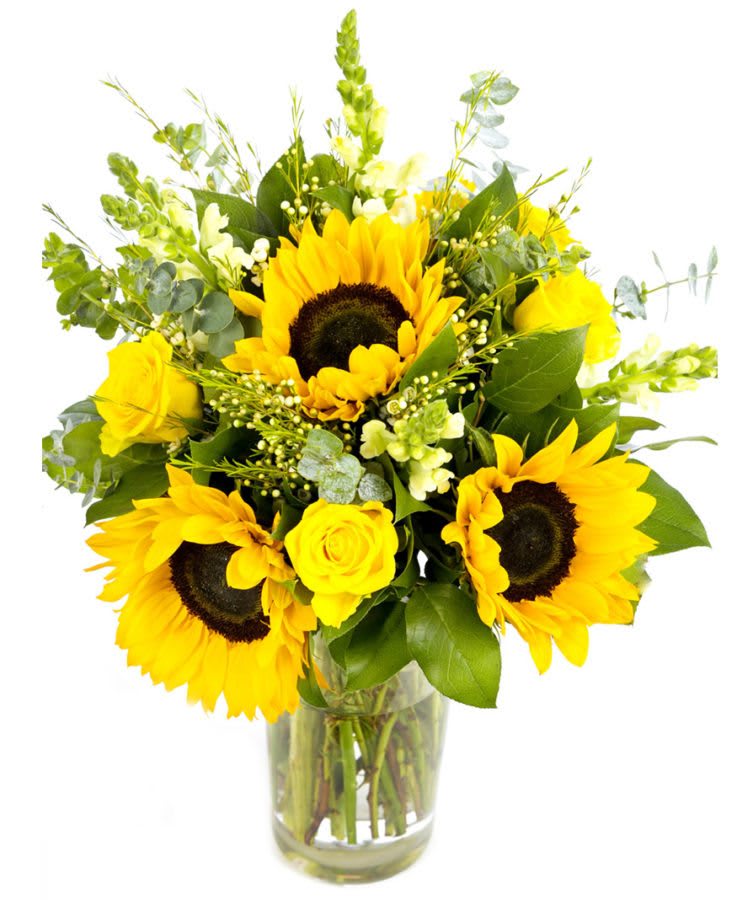 Sunflower Bouquet  - What a bright and cheery product!” Sunflowers make everyone smile and this bouquet, which also features delightful Golden Ambition Roses and Opus Yellow Snapdragons with Eucalyptus and Salal.  