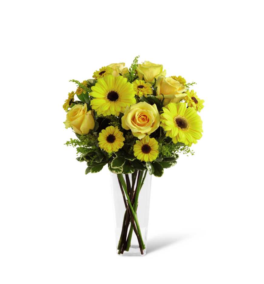 The FTD Daylight Bouquet  C3-4431D - The FTDA Daylight Bouquet bursts with sun-filled excitement and cheer expressed through each radiant bloom. Gorgeous yellow roses and gerbera daisies are accented with the golden hues of Viking chrysanthemums and solidago arranged with lush greens in a clear glass square tapered vase to create a splendid way to brighten their day.