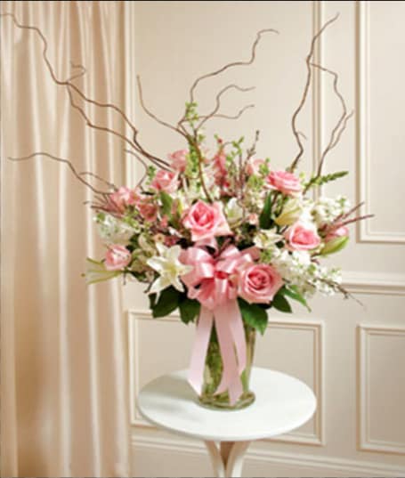 SYMPATHY VASE PINK SHADES SYMPATHY VASE PINK SHADES - ARTISTIC VASE OF PINK AND WHITE