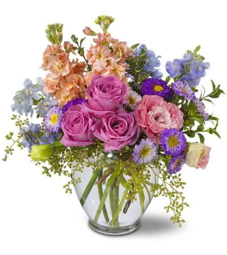 Heaven Scent Heaven Scent - A divine mix of lavender roses, plus pink and blue blossoms - with a touch of seeded eucalyptus - will seem as if it were "scent" straight from heaven! This lovely bouquet will be received with open arms.