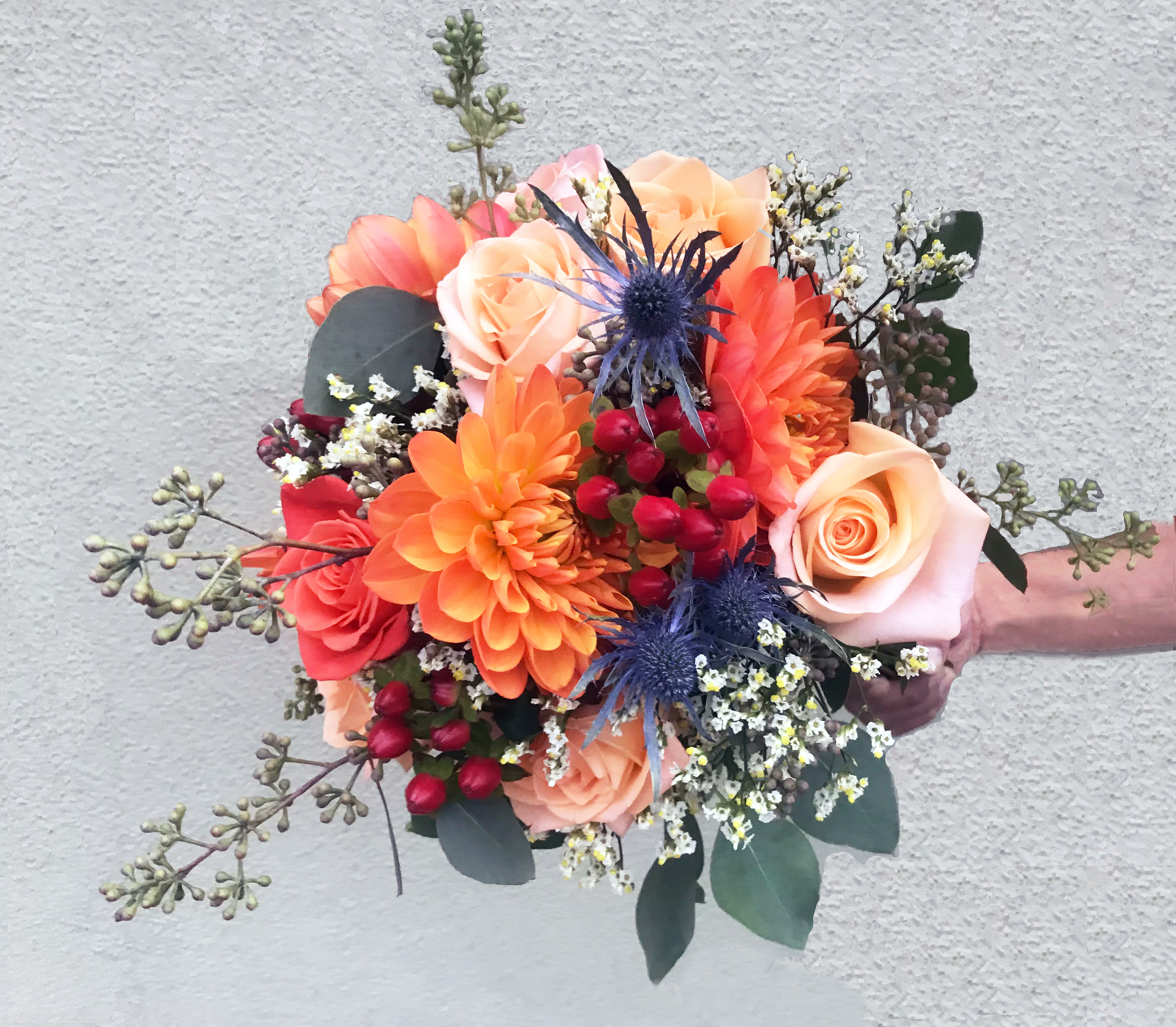 Fall Dahlia &amp; Rose Bouquet  - Fall Seasonal color handtied bouquet with Dahlias, Roses, Hypericum, Thistles, accented with seeded eucalyptus and fillers.