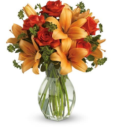 Fiery Lily and Rose - Spark someone's attention by sending this absolutely radiant bouquet. Full of flowers and fiery beauty it makes a beautiful gift for any occasion. Features dark orange roses and orange asiatic lilies in a charming glass vase. It's fiery and it's fabulous!Approximately 15&quot; W x 18&quot; H Orientation: One-Sided As Shown : T47-2ADeluxe : T47-2BPremium : T47-2C