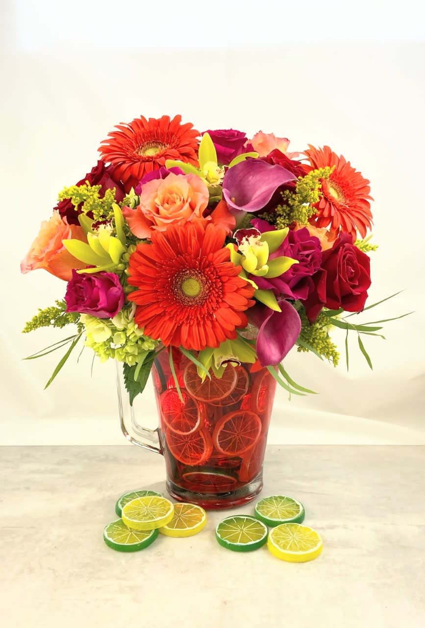 Sunny Sangria Pitcher Bouquet - Serve up a slice of summer fun with our Sunny Sangria Pitcher Bouquet! Whether you want to liven up your party or make a big splash with yur friends or loved ones, The Sunny Sangria Picther will do the trick. Party on!!