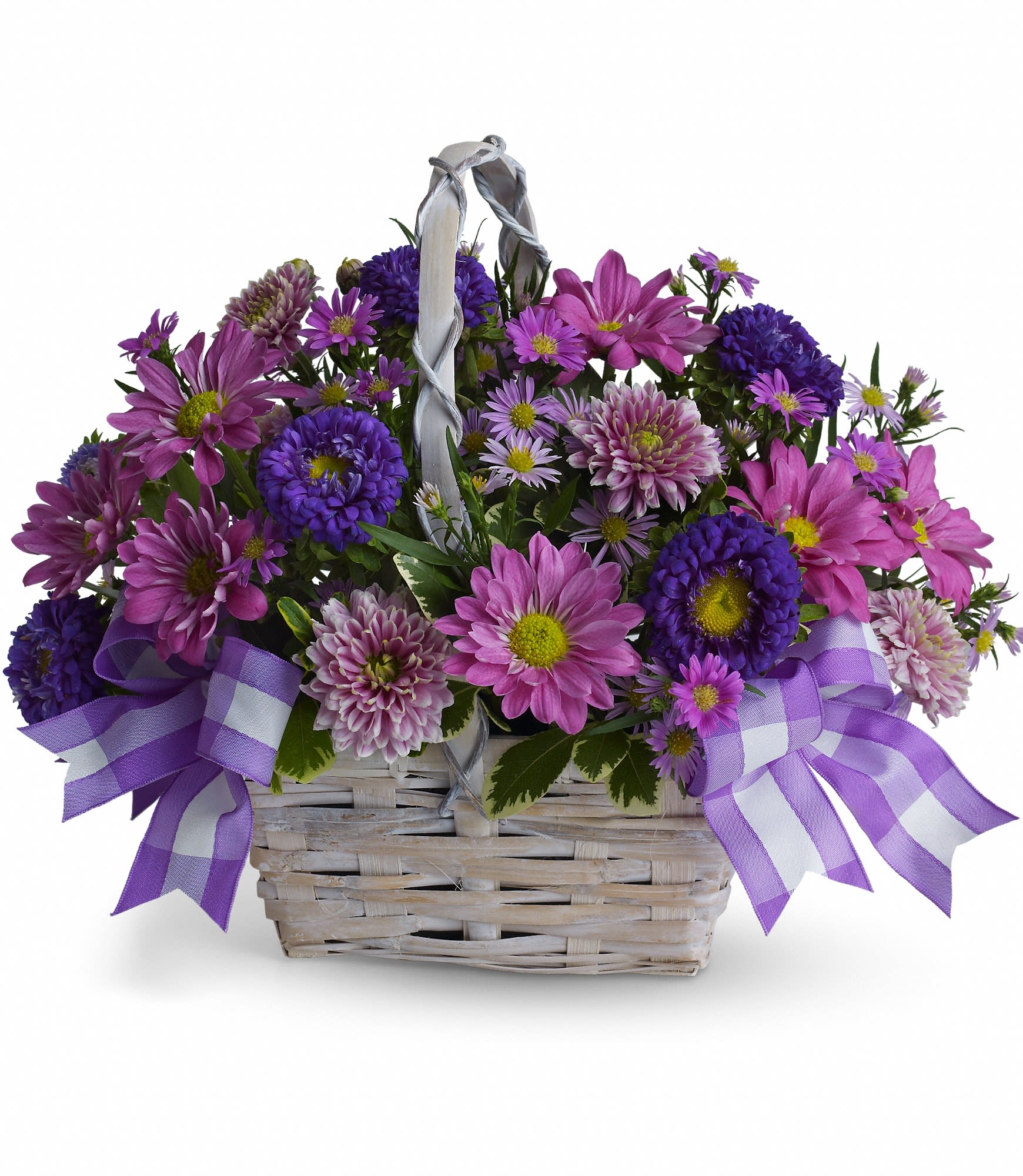 Daisy Daydreams by Teleflora - Get a handle on spring with this delightful array of floral favorites in a charming white bamboo basket accented with lavender ribbon. Surprise someone who could use a lift. It will make you both happy.