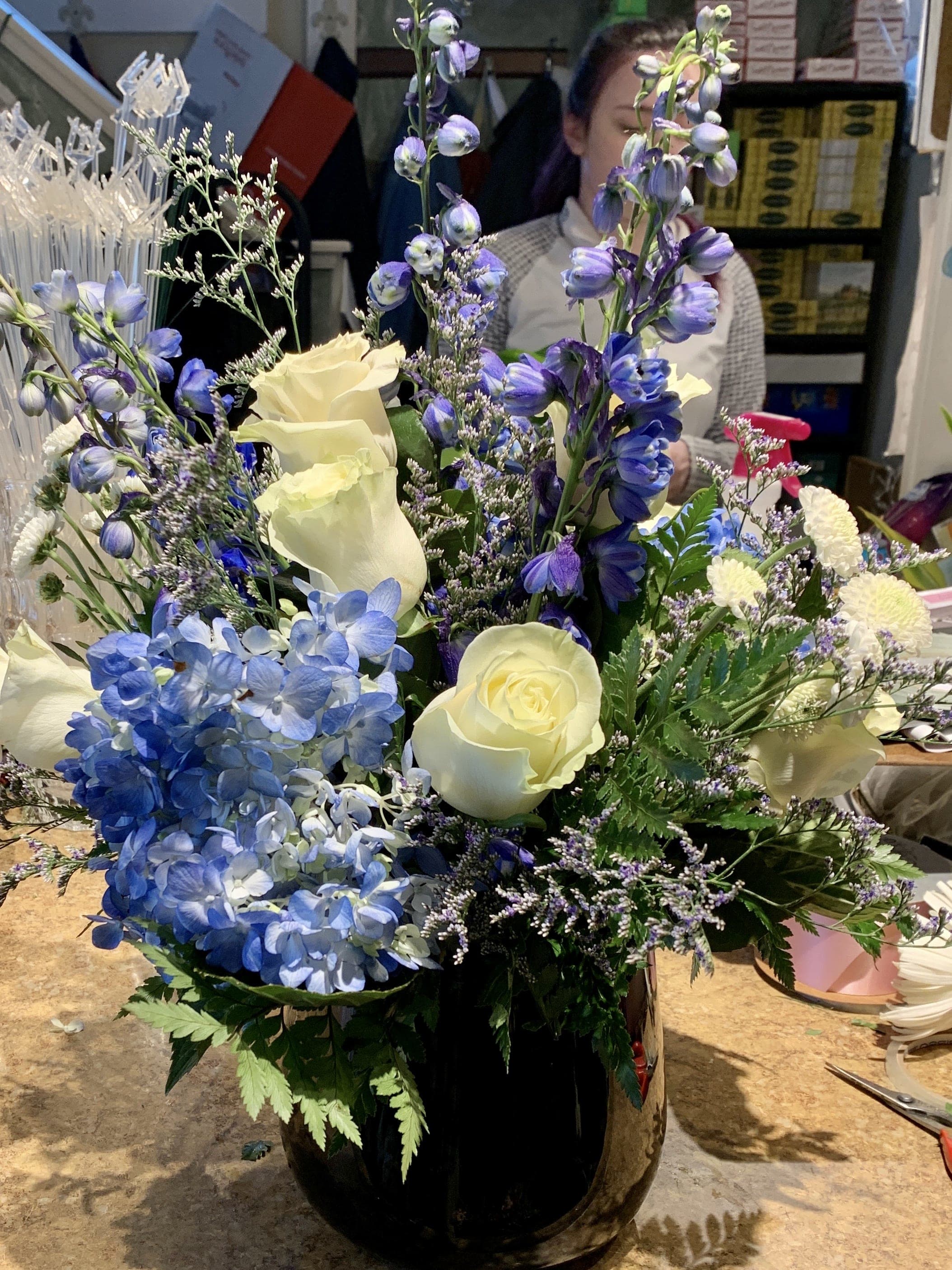 Vase of blue flowers in Hampton Falls, NH Flowers by Marianne