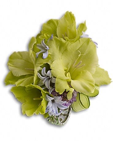 Soft Green Glamour Wristlet - A fresh, unique look, pairing soft green gladioli with lavender hyacinth and scabiosa. A stunning wristlet with green gladioli, lavender hyacinth and scabiosa.