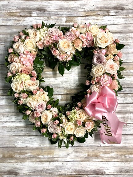 Rose Garden Heart  Rose Garden Heart  - A tender and classic tribute to a precious life. Heartfelt emotions and sympathies find delicate expression here.  Colors can be changed, Please call 732-899-8175