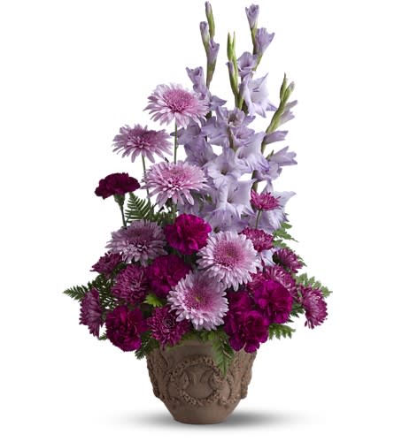 Teleflora's Heartfelt Memories Teleflora's Heartfelt Memories - A towering display of blooms such as gladioli carnations and chrysanthemums in royal hues of purple and lavender presented in a Grecian-style urn is a gracious representation of your heartfelt sentiments at a funeral memorial service or wake. A mix of fresh flowers such as gladioli carnations and cushion spray chrysanthemums in shades of lavender and purple - accented with ferns - is delivered in a Teleflora Garlands of Grace urn.Approximately 17 1/2" W x 27 1/2" H Orientation: One-Sided As Shown : T221-3A