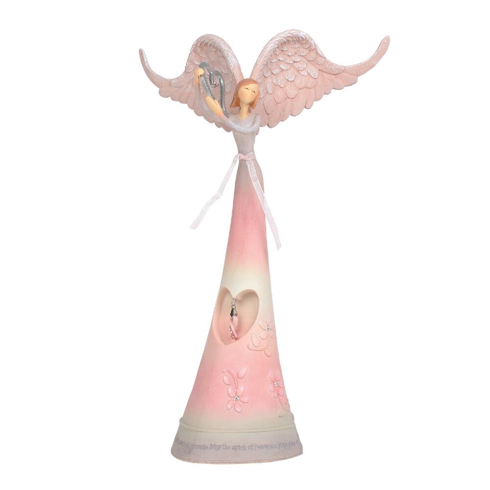 Peace and Hope Angel BC - Figurine 9.84 in H Also Available in Pre-pack(s): 4061967 Part of Enesco’s Peace by Piece collection Intricately sculpted figurine of a beautiful Angel adorning a Breast Cancer ribbon and heart Crafted out of high-quality polyresin and crystal Engraved with the message &quot;You have lifted yourself beyond the realm of courage, may spirit of peace and hope shine as your strength&quot; Measures 9.84 H x 3.94 W x 6.10 L&quot;