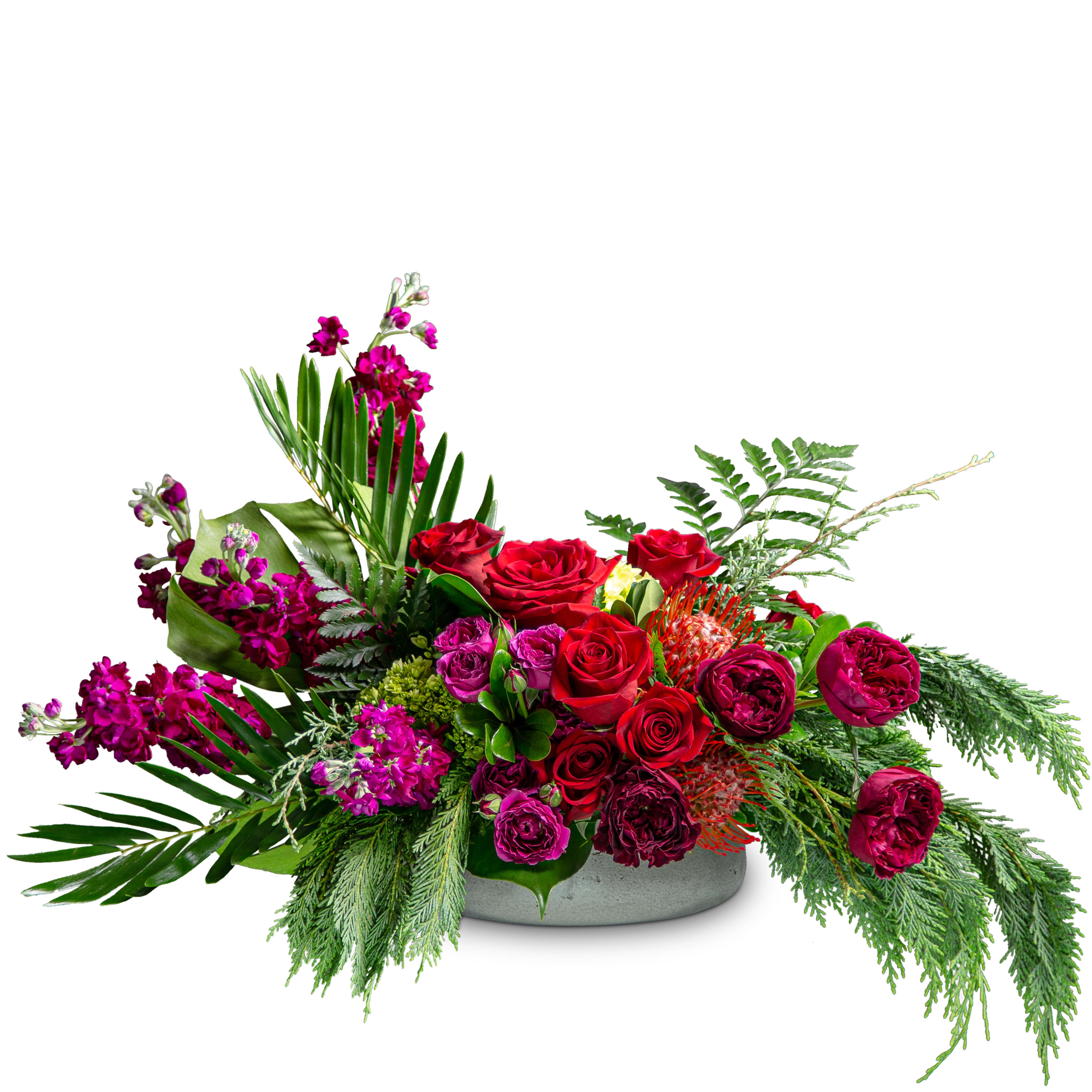 Island Tropical Breeze - TMF-1232 - Unique birthday creation designed in a low concrete bowl featuring flowers of purples and reds like stock, hydrangea, roses, spray roses and pin cushion protea with a creative mixture of Florida foliage like monstera, coontie, leather leaf, Leyland cypress, and pittosporum which can be prominently displayed on a dining room or entrance table. Approximately 28&quot; W X 17&quot; H