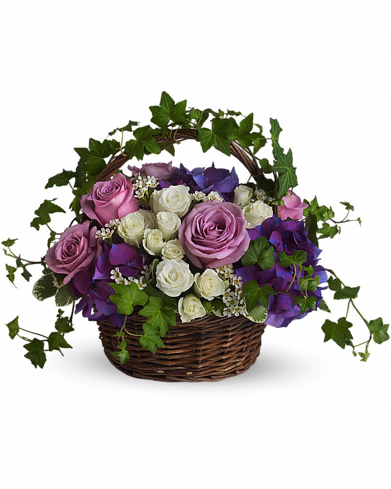 A Full Life A Full Life - Even in mourning it is important to remember and honor a life well lived. This beautiful basket of purple and white flowers blended with vibrant greenery is a wonderful way to pay tribute to one who has indeed lived a full life. Brilliant flowers such as purple hydrangea, lavender roses, white spray roses and waxflower are arranged with beautiful ivy and more in a lovely round basket.