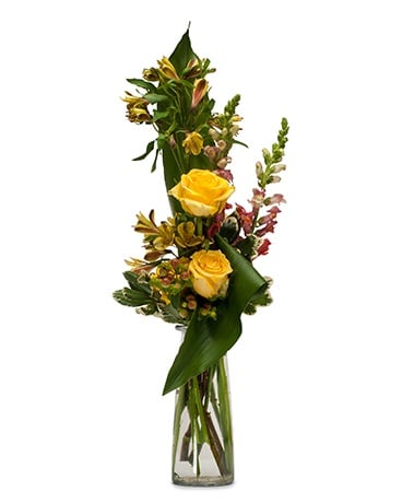 Sunrise - TMF13-286 - Yellow roses and alstroemeria line up to bring joy to someone! Approximately 6&quot;W X 15&quot;H