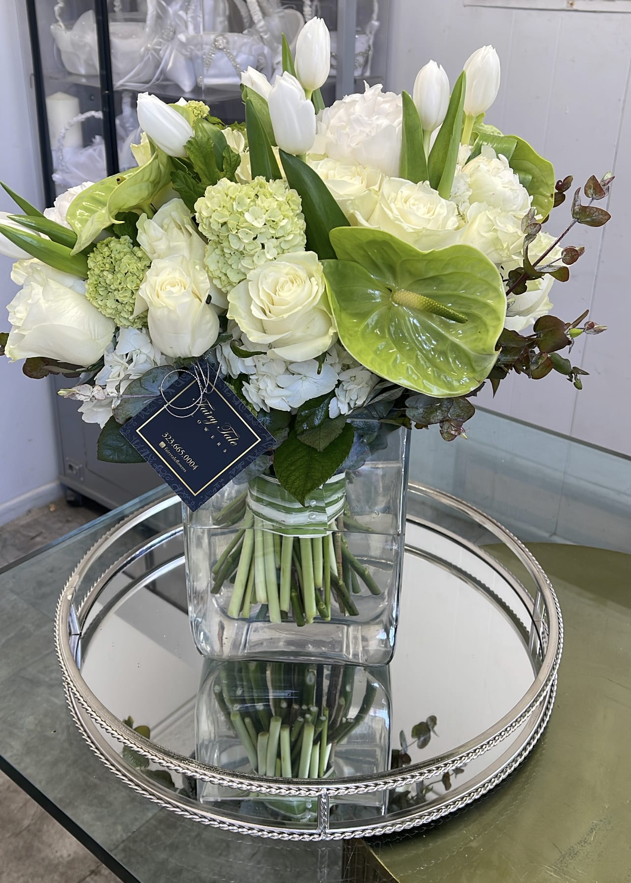 Leafy Green - Clean glass vase bouquet with Hydrengias, roses,green anthuriums,white tulips 