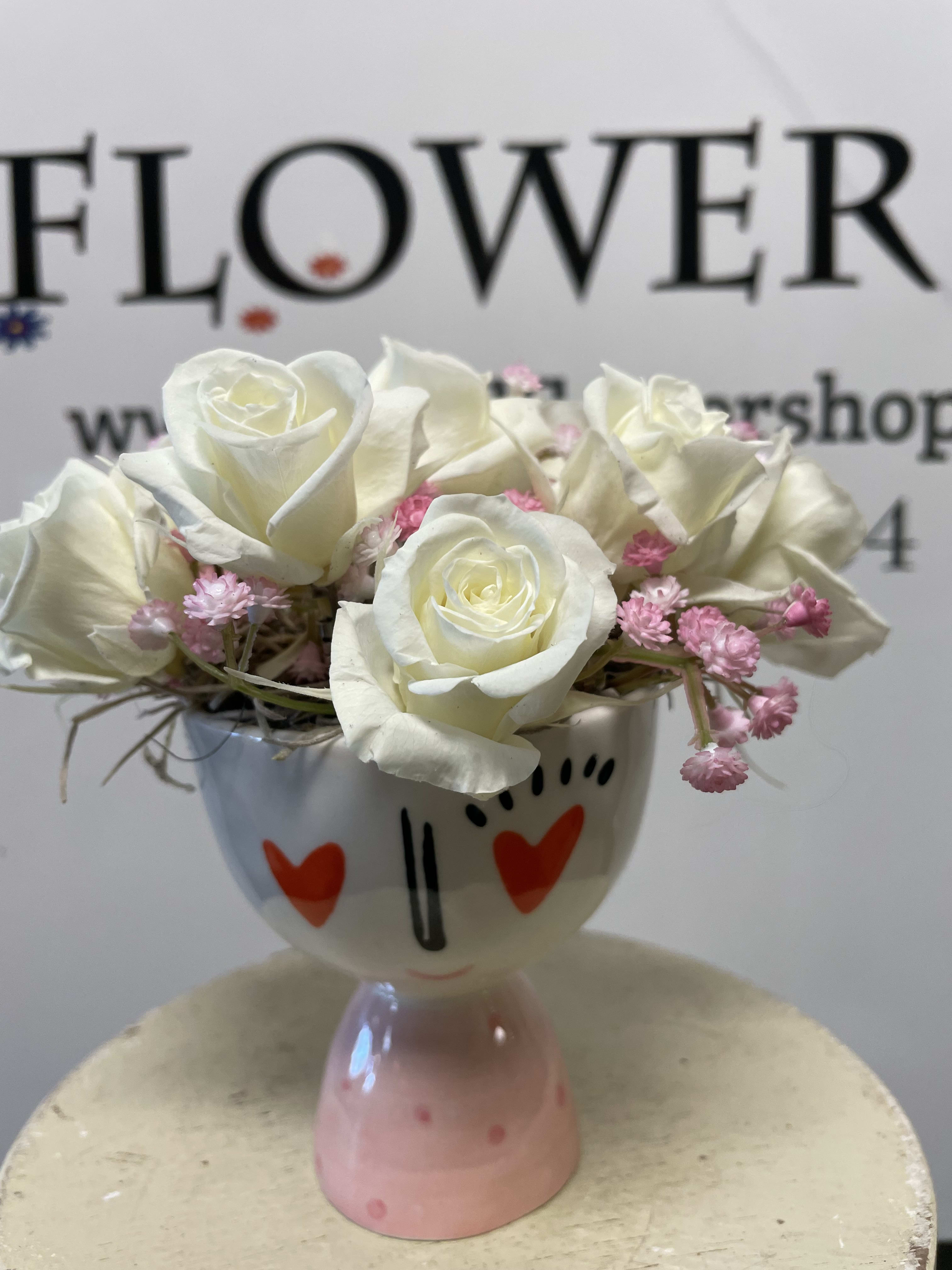 Face Vase of Preserved Roses in Edwardsville, IL A Wildflower Shop
