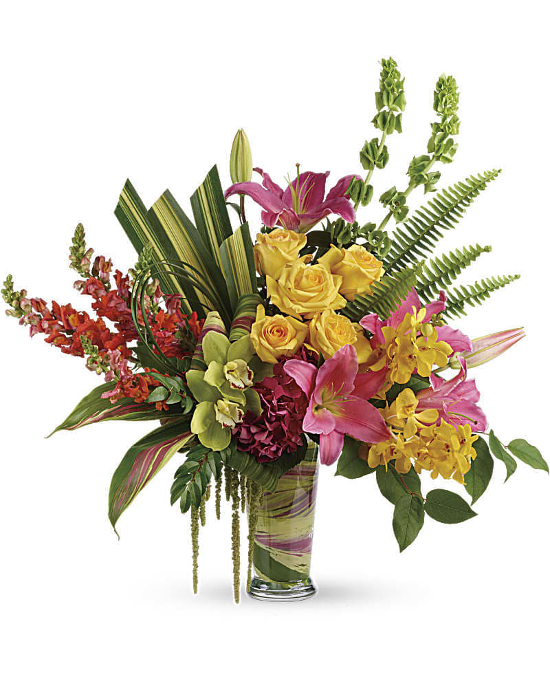 Pretty Paradise Bouquet - Take a tropical getaway, without ever leaving home! Inspired by the shades of a tropical sunset, this paradise of bright colors and rainforest textures is a dramatic experience for the senses! This pretty bouquet features dark pink hydrangea, green cymbidium orchids, yellow mokara orchids, yellow roses, hot pink oriental lilies, orange snapdragons, bells of Ireland, hanging green amaranthus, huckleberry, sword fern, hala leaves, ti leaves, bear grass, and lemon leaf. Delivered in a clear glass vase.