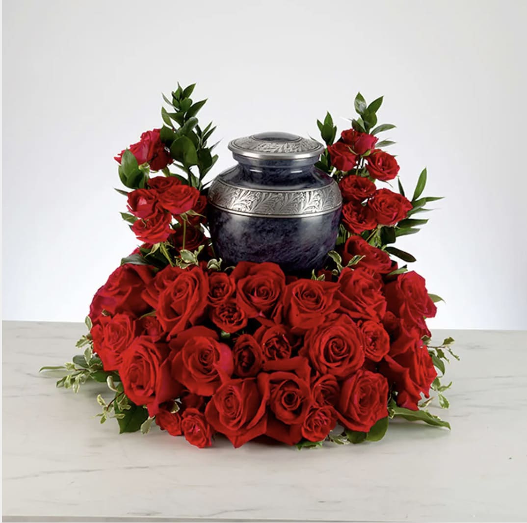 Always and Forever by BloomNation™ - Pure red roses and greenery come together to create this beautiful urn arrangement. Celebrate and honor their memories with this memorial. 