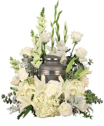 Eternal Peace Urn Spray - A delicate and elegant all white arrangement - roses, lillies, hydrangea, stock, and other season blooms