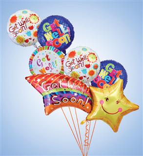 Get Well Soon Shooting Star Mylar Bundle Get Well Soon Shooting Star Mylar Bundle - Lift their spirits with our playful bundle of Get Well balloons. Highlighted by our smiling Shooting Star Mylar balloon, it's just the gift to add some sunshine when they're feeling under the weather. Balloon designs may vary due to local availability.