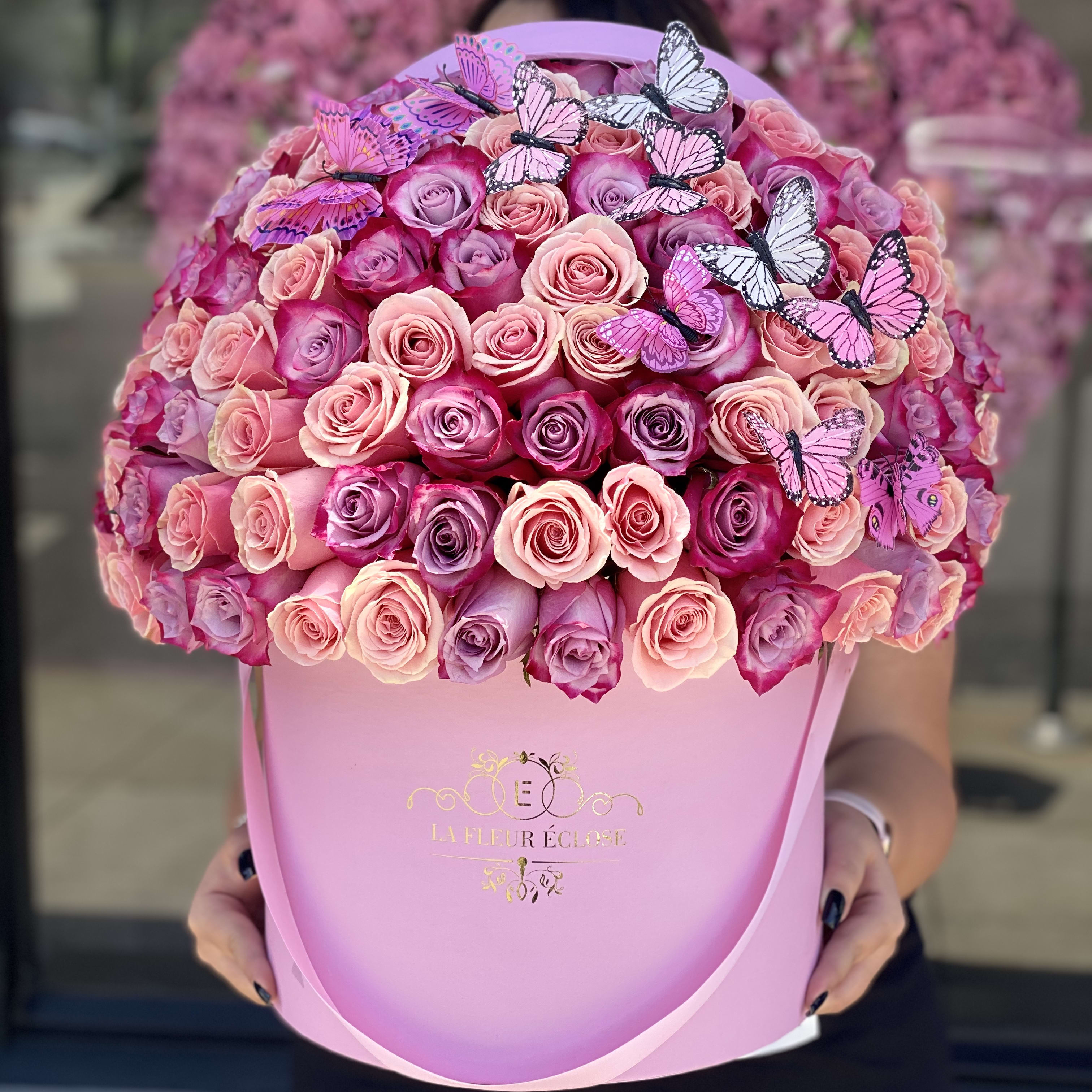 Pink Signature Box With Pink & Purple Roses by La Fleur Eclose
