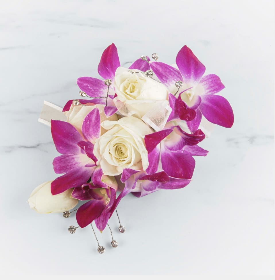 Orchid Corsage by BloomNation™  - This orchid corsage with a white rose and gem accent will catch the light and compliment any dress. Perfect for prom, formal or any wedding event. 