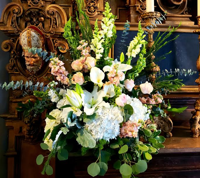 Blessings - Gorgeous altar or table top arrangement 3 feet tall by 2 1/2 feet wide. Hydrangeas, lilies, roses....and seasonal blooms.