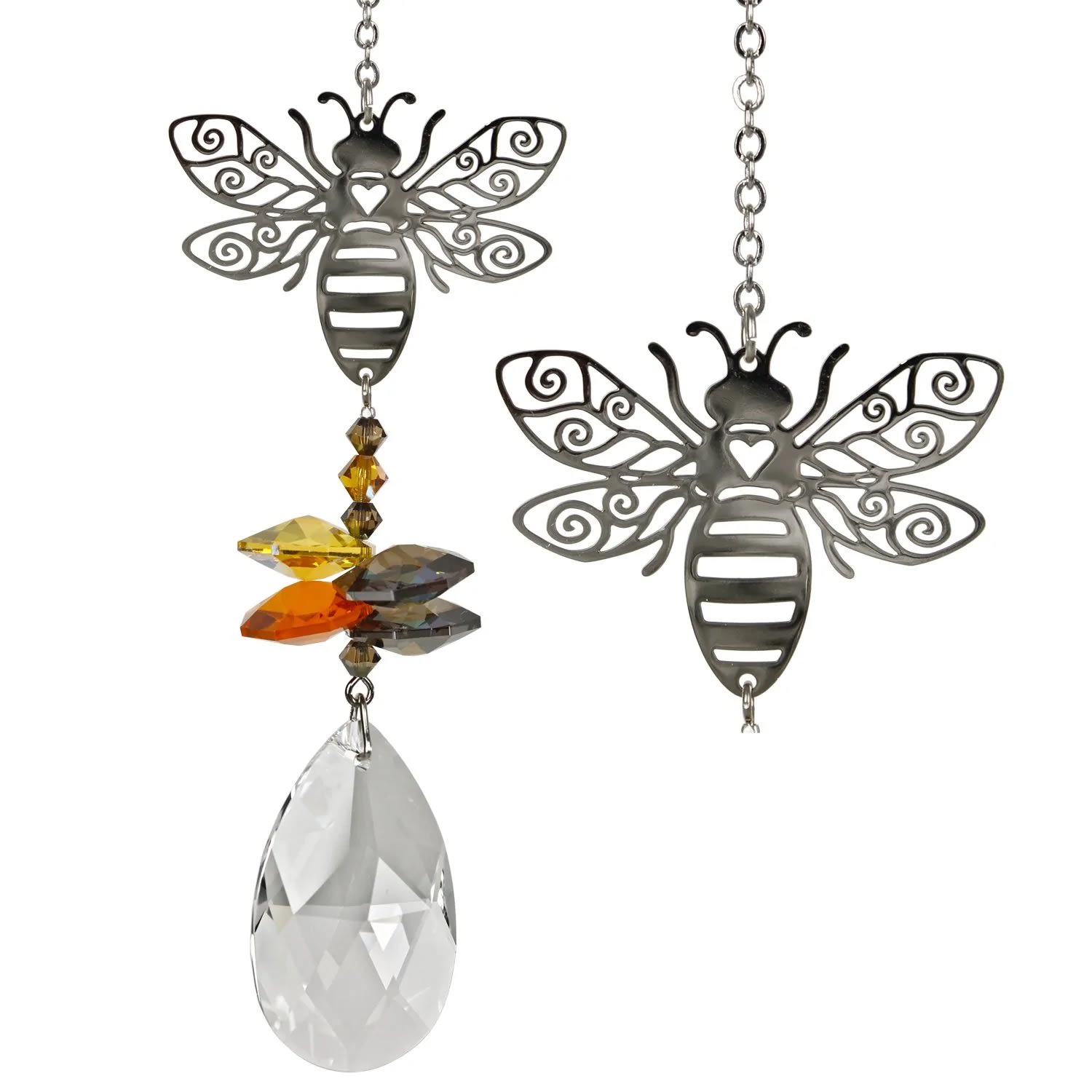 WC Crystal Fantasy Suncatcher - Bee - A large almond-shaped crystal is topped by small yellow, orange and dark crystals and a silver bee, with a stunning contrast of its striped body and fanciful wings.  A social animal, the bee symbolizes community. In many cultures, the bee is considered to be a messenger, carrying news to the spirit world. This bee tops a cluster of crystals that sparkle and shine in the sun.  Works equally well as a sun catcher or Christmas ornament or hung in an office or dorm room. It's especially beautiful when hanging in the window or in front of a light.  Recommended for indoor use.  This product is handcrafted with pride in the U.K., therefore sizes can vary.  Not boxed, this crystal suncatcher comes ready to give with a sheer organza bag.  Woodstock Crystal Suncatchers — they do for light what our chimes do for sound™ Genuine Austrian crystals Nickel-plated brass ornament Silver finish plated brass chain Overall Length: 4.5 inches [Length: 10'' w/ chain] Individual Item Weight: 0.05 lb. Made in the United Kingdom