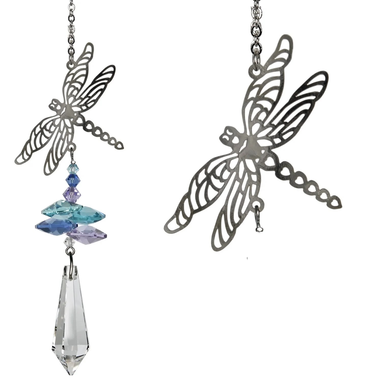 WC Crystal Fantasy Suncatcher - Dragonfly - A large crystal is topped by smaller crystals and a silver dragonfly.  Dragonflies represent change - they remind us not to fight what comes, but travel with the wind.&quot; This dragonfly tops a cluster of crystals that sparkle and shine in the sun.  Works equally well as a sun catcher or Christmas ornament or hung in an office or dorm room. It's especially beautiful when hanging in the window or in front of a light.  Recommended for indoor use.  This product is handcrafted with pride in the U.K., therefore sizes can vary.  Not boxed, this crystal suncatcher comes ready to give with a sheer organza bag.  Woodstock Crystal Suncatchers — they do for light what our chimes do for sound™ Genuine Austrian crystals Nickel-plated brass ornament Silver finish plated brass chain Overall Length: 4.5 inches [Length: 10'' w/ chain] Individual Item Weight: 0.05 lb. Made in the United Kingdom
