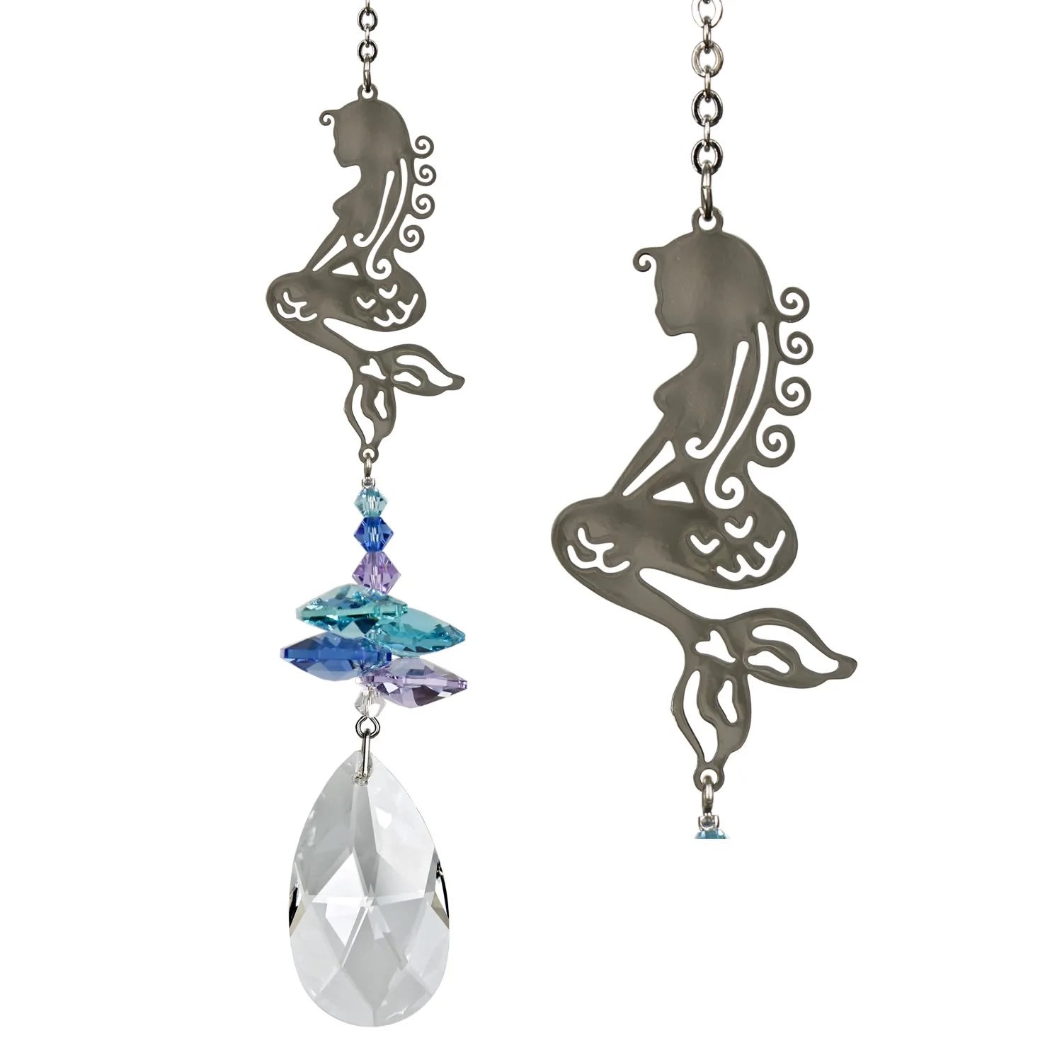 WC Crystal Fantasy Suncatcher - Mermaid - A large crystal is topped by a rainbow of small crystals and a silver mermaid.  Mermaids are the sirens of the sea. Using their breathtaking beauty and seductive charm, they enchant sailors and fishermen alike. This mermaid tops a cluster of crystals that sparkle and shine in the sun.  Works equally well as a sun catcher or Christmas ornament or hung in an office or dorm room. It's especially beautiful when hanging in the window or in front of a light.  Recommended for indoor use.  This product is handcrafted with pride in the U.K., therefore sizes can vary.  Not boxed, this crystal suncatcher comes ready to give with a sheer organza bag.  Woodstock Crystal Suncatchers — they do for light what our chimes do for sound™ Genuine Austrian crystals Nickel-plated brass ornament Silver finish plated brass chain Overall Length: 4.5 inches [Length: 10'' w/ chain] Individual Item Weight: 0.03 lb. Made in the United Kingdom